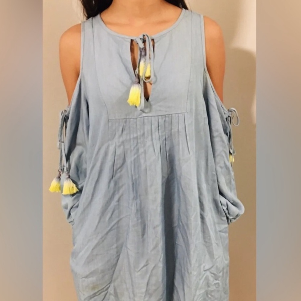 The Impeccable Pig Blue Dresswith Cut-Out shoulder and fringe Details